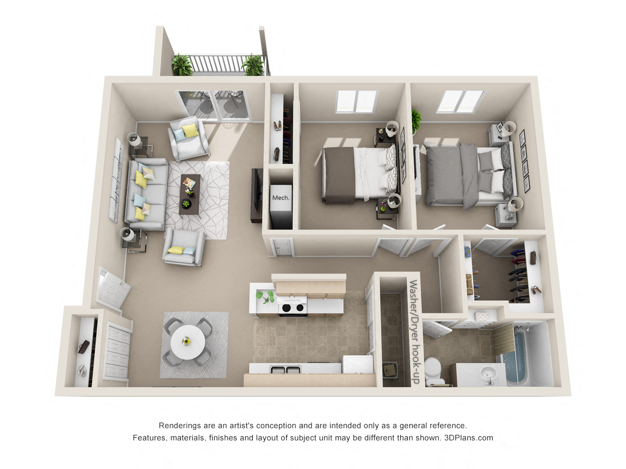 Floor plan for 2 beds, 1 bath, 1000 sqft